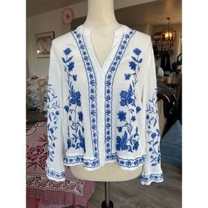 Liv Los Angeles Women XL White Blue Floral Embroidered Rayon Blouse